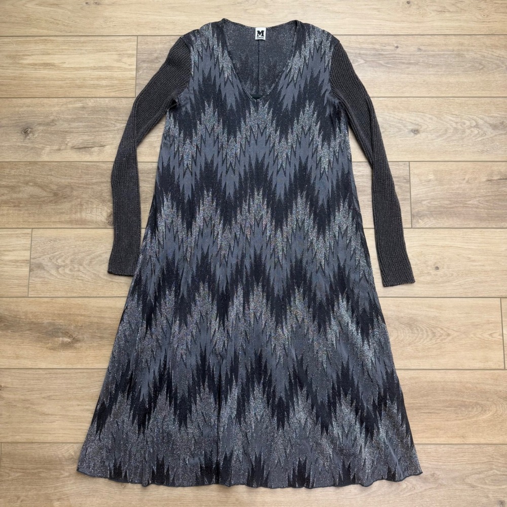 M Missoni Black Silver Metallic Chevron Zigzag Knit Midi Dress V-Neck Size L